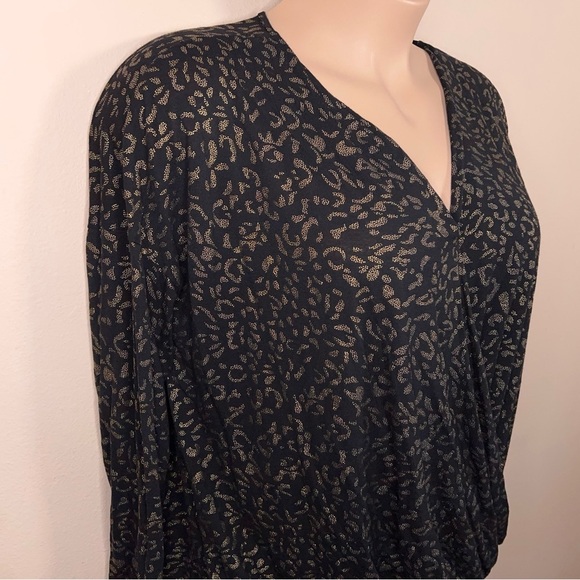 2X J Lo Black Gold Leopard Animal Wrap Look Top Stretch Shimmer Draped Plus - Picture 7 of 12